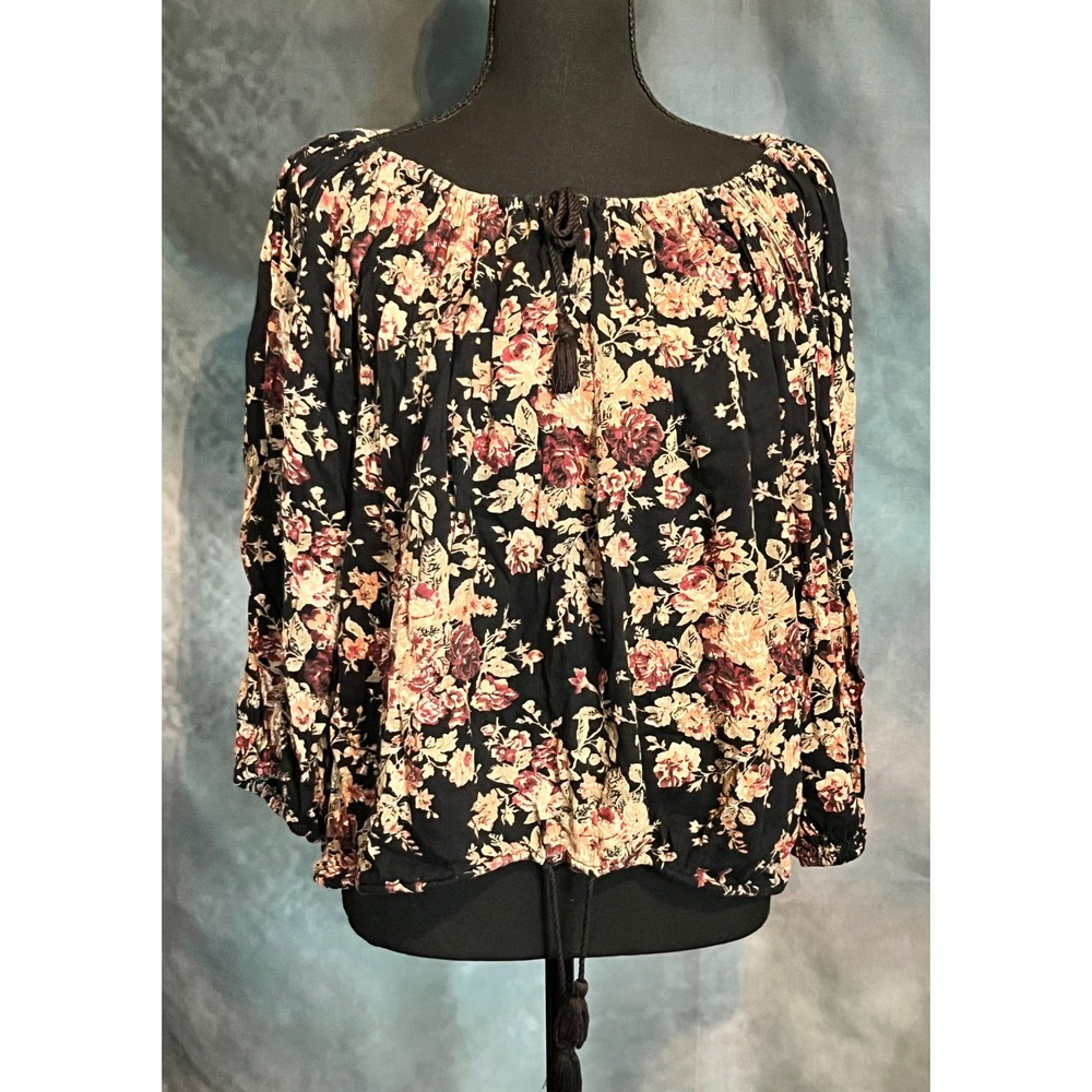 Denim‎ & Supply Ralph Lauren Floral Cropped Peasant Blouse Bohemian Black Small